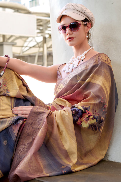 VastraLakshmi Lovely Brown Digital Printed Soft Silk Saree With Skinny Blouse Piece