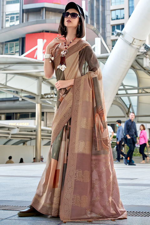 VastraLakshmi Ravishing Brown Digital Printed Soft Silk Saree With Flamboyant Blouse Piece