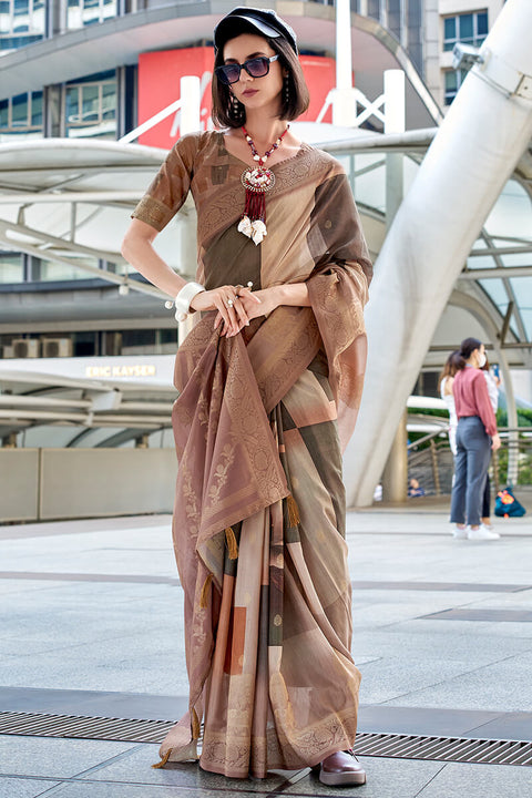 VastraLakshmi Ravishing Brown Digital Printed Soft Silk Saree With Flamboyant Blouse Piece