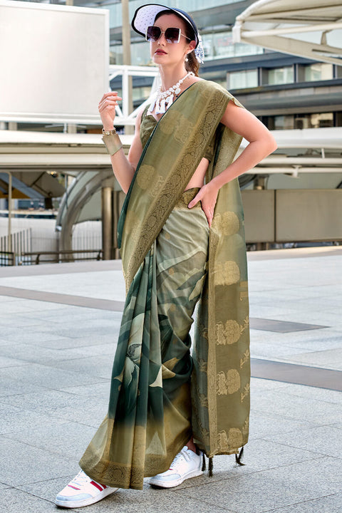 VastraLakshmi Scintilla Green Digital Printed Soft Silk Saree With Fragrant Blouse Piece