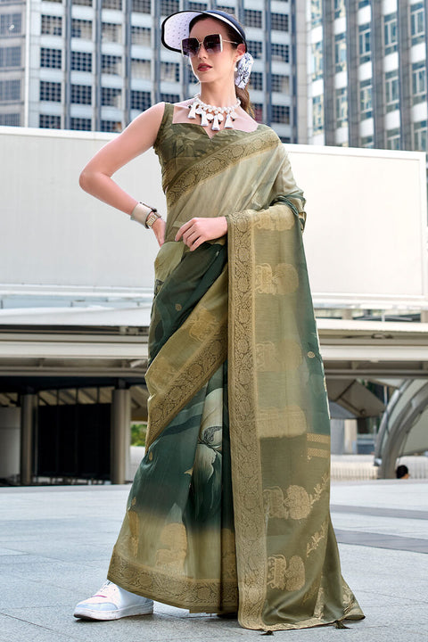 VastraLakshmi Scintilla Green Digital Printed Soft Silk Saree With Fragrant Blouse Piece