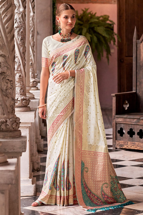 VastraLakshmi Demure Off White Soft Banarasi Silk Saree With Palimpsest Blouse Piece