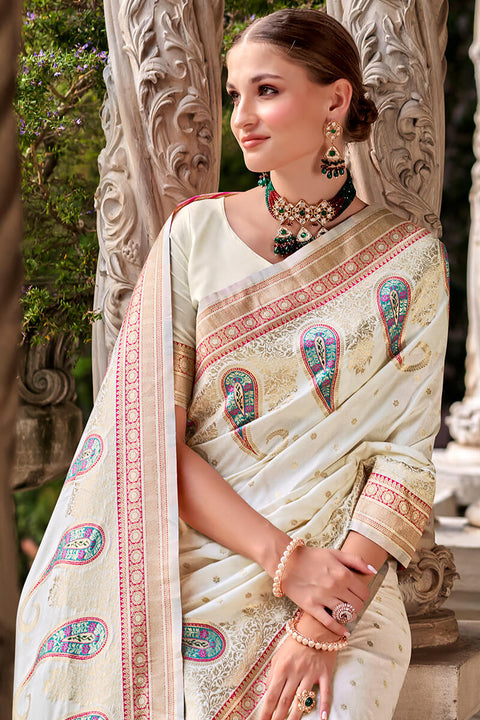 VastraLakshmi Demure Off White Soft Banarasi Silk Saree With Palimpsest Blouse Piece