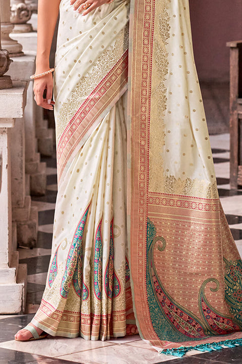 VastraLakshmi Demure Off White Soft Banarasi Silk Saree With Palimpsest Blouse Piece