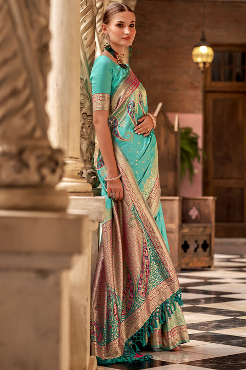 VastraLakshmi Devastating Firozi Soft Banarasi Silk Saree With Gratifying Blouse Piece