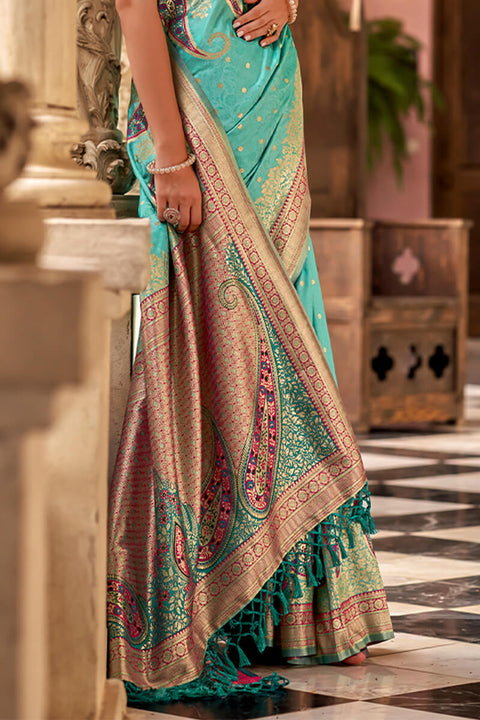 VastraLakshmi Devastating Firozi Soft Banarasi Silk Saree With Gratifying Blouse Piece