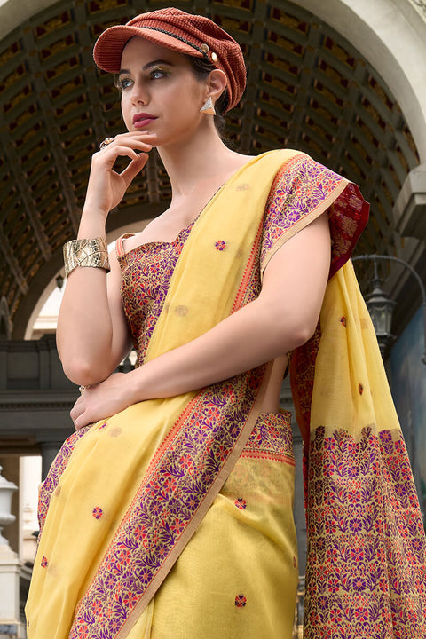 VastraLakshmi Sempiternal Yellow Cotton Silk Saree With Denouement Blouse Piece