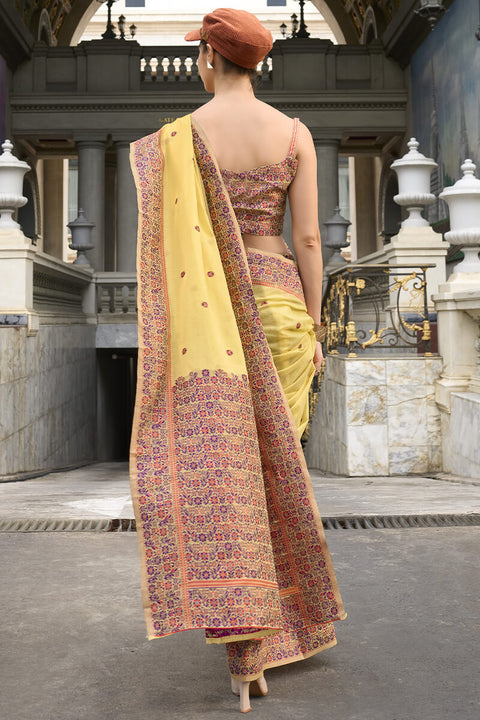 VastraLakshmi Sempiternal Yellow Cotton Silk Saree With Denouement Blouse Piece