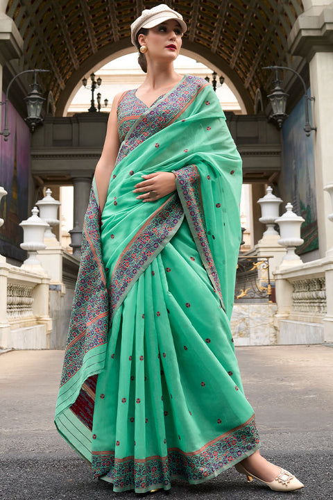 VastraLakshmi Cynosure Sea Green Cotton Silk Saree With Mellifluous Blouse Piece