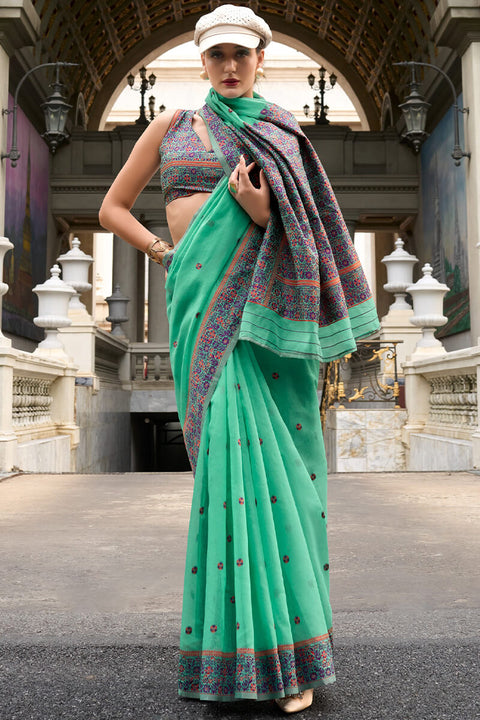 VastraLakshmi Cynosure Sea Green Cotton Silk Saree With Mellifluous Blouse Piece