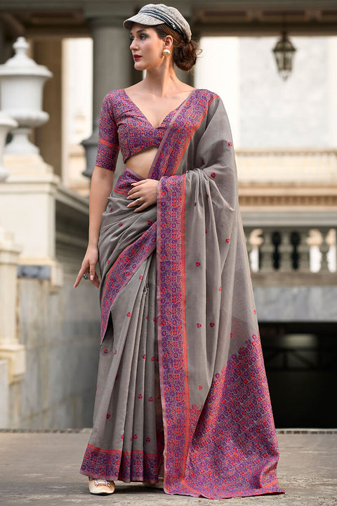 VastraLakshmi Pulsating Grey Cotton Silk Saree With Vivacious Blouse Piece