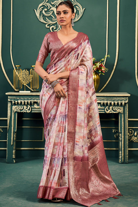 VastraLakshmi Girlish Maroon Digital Printed Cotton Silk Saree With Wonderful Blouse Piece