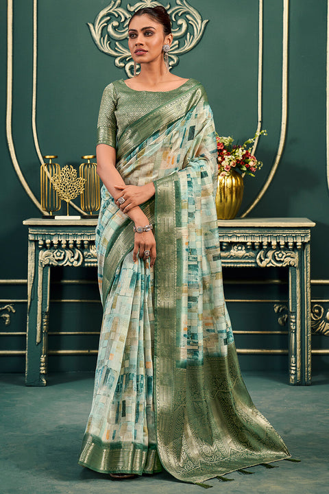 VastraLakshmi Flattering Green Digital Printed Cotton Silk Saree With Outstanding Blouse Piece