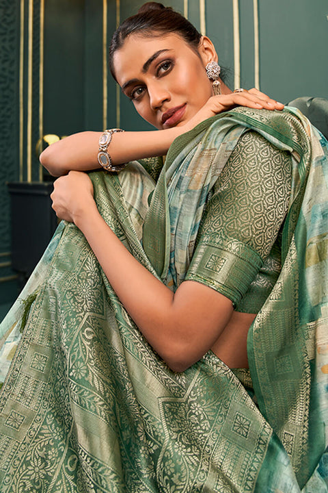 VastraLakshmi Flattering Green Digital Printed Cotton Silk Saree With Outstanding Blouse Piece