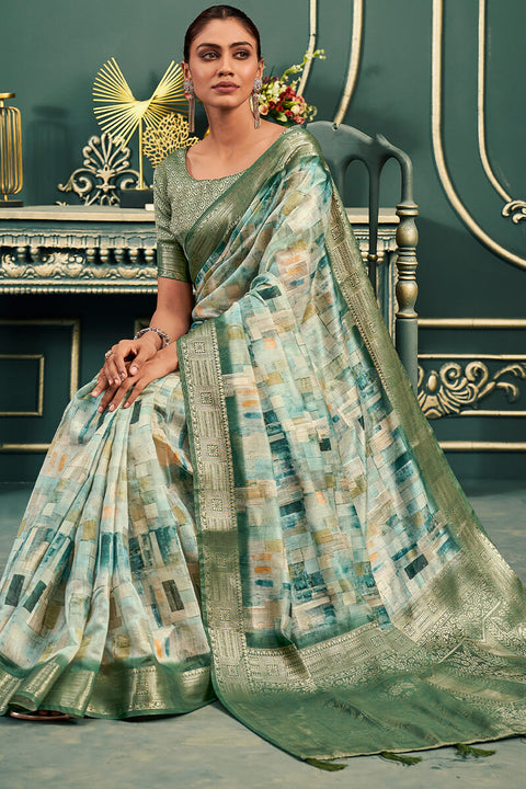 VastraLakshmi Flattering Green Digital Printed Cotton Silk Saree With Outstanding Blouse Piece