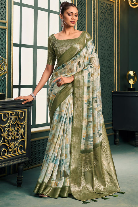 VastraLakshmi Beleaguer Mehndi Digital Printed Cotton Silk Saree With Ebullience Blouse Piece