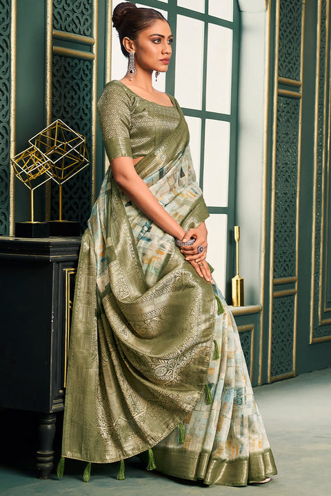 VastraLakshmi Beleaguer Mehndi Digital Printed Cotton Silk Saree With Ebullience Blouse Piece