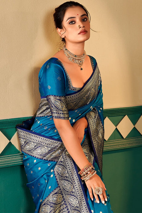 VastraLakshmi Brood Blue Soft Banarasi Silk Saree With Ebullience Blouse Piece