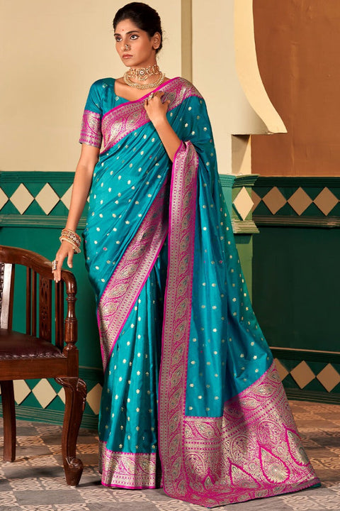 VastraLakshmi Woebegone Firozi Soft Banarasi Silk Saree With Amiable Blouse Piece