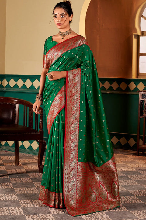 VastraLakshmi Alluring Dark Green Soft Banarasi Silk Saree With Zephyr Blouse Piece