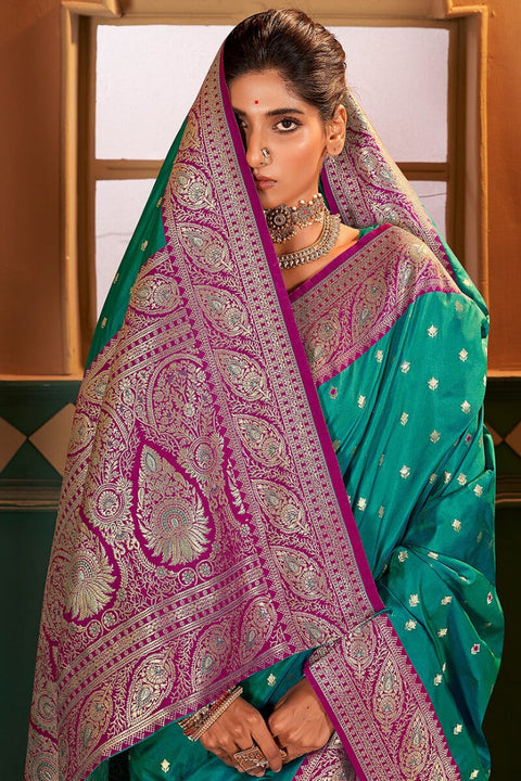 VastraLakshmi Ineffable Rama Soft Banarasi Silk Saree With Beguiling Blouse Piece