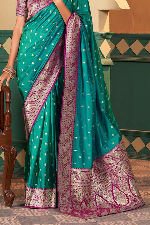 VastraLakshmi Ineffable Rama Soft Banarasi Silk Saree With Beguiling Blouse Piece