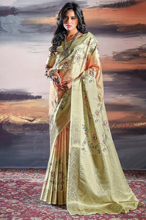 VastraLakshmi Luxuriant Pista Digital Printed Satin Silk Saree With Mellifluous Blouse Piece