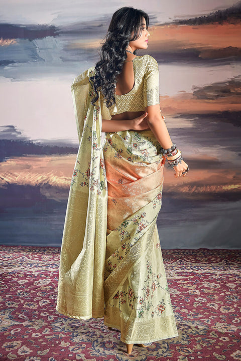 VastraLakshmi Luxuriant Pista Digital Printed Satin Silk Saree With Mellifluous Blouse Piece