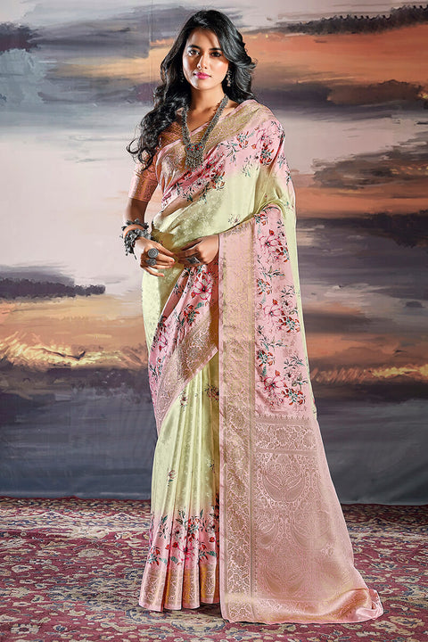 VastraLakshmi Susurrous Pista Digital Printed Satin Silk Saree With Grandiose Blouse Piece