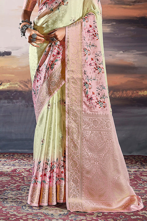 VastraLakshmi Susurrous Pista Digital Printed Satin Silk Saree With Grandiose Blouse Piece