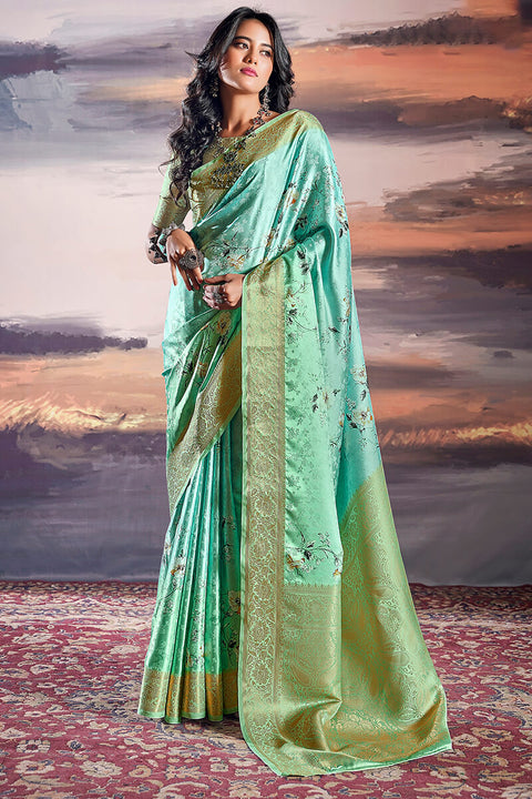 VastraLakshmi Palimpsest Sea Green Digital Printed Satin Silk Saree With Lustrous Blouse Piece