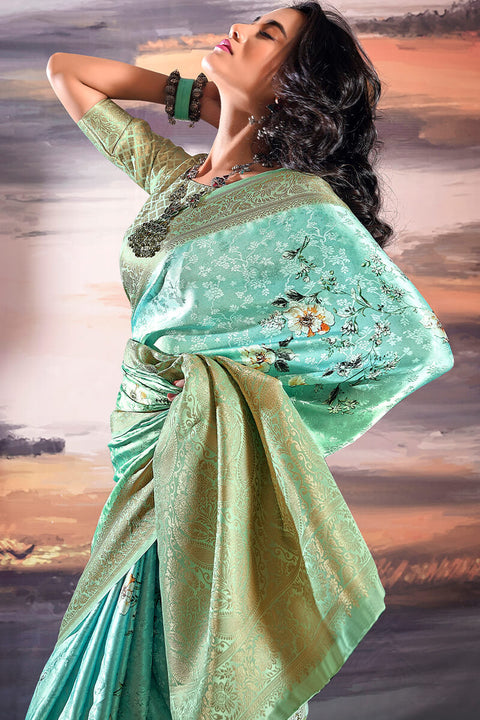 VastraLakshmi Palimpsest Sea Green Digital Printed Satin Silk Saree With Lustrous Blouse Piece