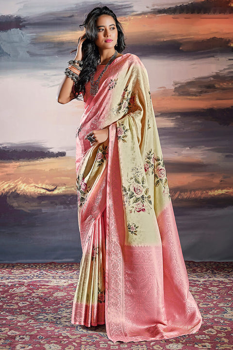 VastraLakshmi Evocative Beige Digital Printed Satin Silk Saree With Rhapsodic Blouse Piece