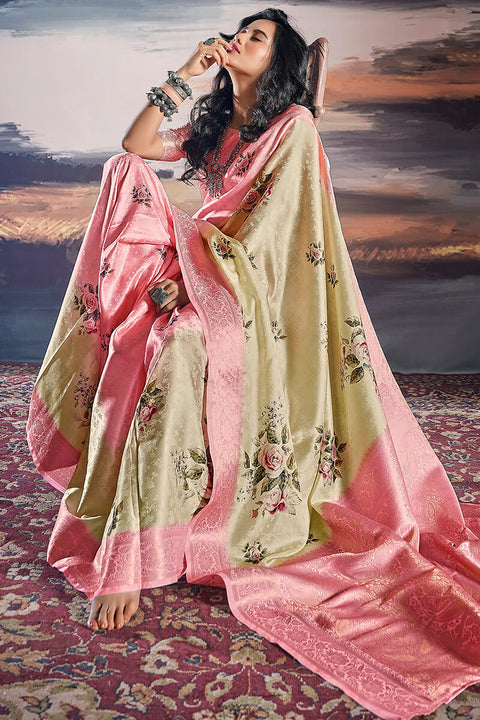 VastraLakshmi Evocative Beige Digital Printed Satin Silk Saree With Rhapsodic Blouse Piece