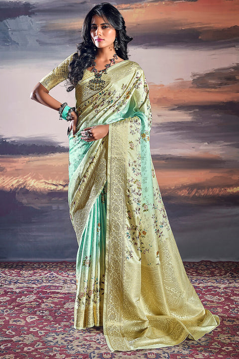 VastraLakshmi Dalliance Turquoise Digital Printed Satin Silk Saree With Charismatic Blouse Piece