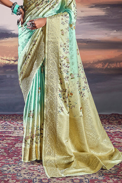 VastraLakshmi Dalliance Turquoise Digital Printed Satin Silk Saree With Charismatic Blouse Piece