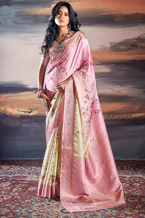 VastraLakshmi Comely Baby Pink Digital Printed Satin Silk Saree With Inimitable Blouse Piece