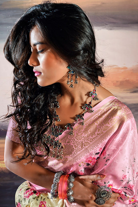 VastraLakshmi Comely Baby Pink Digital Printed Satin Silk Saree With Inimitable Blouse Piece