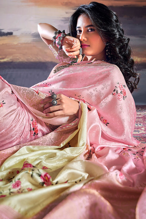 VastraLakshmi Comely Baby Pink Digital Printed Satin Silk Saree With Inimitable Blouse Piece