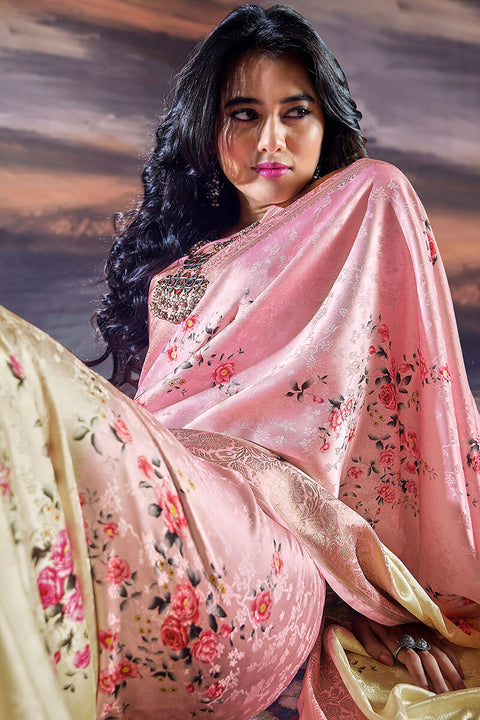 VastraLakshmi Comely Baby Pink Digital Printed Satin Silk Saree With Inimitable Blouse Piece