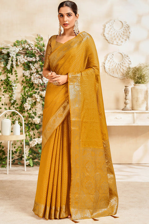 VastraLakshmi Imbrication Mustard Soft Banarasi Silk Saree With Palimpsest Blouse Piece