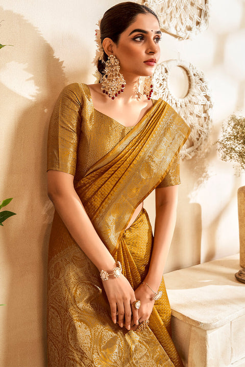 VastraLakshmi Imbrication Mustard Soft Banarasi Silk Saree With Palimpsest Blouse Piece