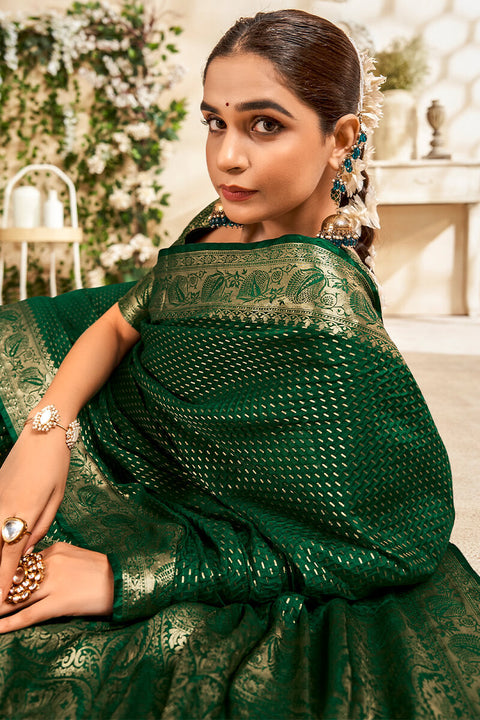 VastraLakshmi Susurrous Dark Green Soft Banarasi Silk Saree With Magnetic Blouse Piece