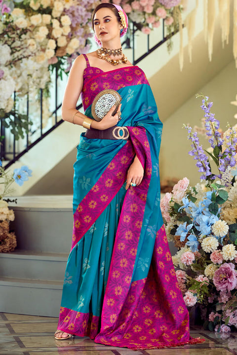 VastraLakshmi Sumptuous Firozi Soft Banarasi Silk Saree With Evocative Blouse Piece