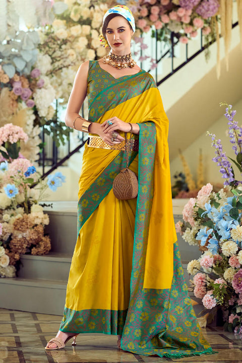 VastraLakshmi Ailurophile Yellow Soft Banarasi Silk Saree With Stunner Blouse Piece