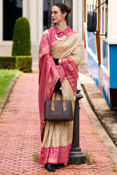 VastraLakshmi Beleaguer Beige Soft Banarasi Silk Saree With Moiety Blouse Piece