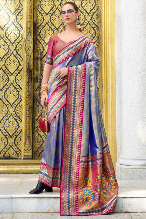 VastraLakshmi Quixotic Blue Paithani Silk Saree With Lustrous Blouse Piece