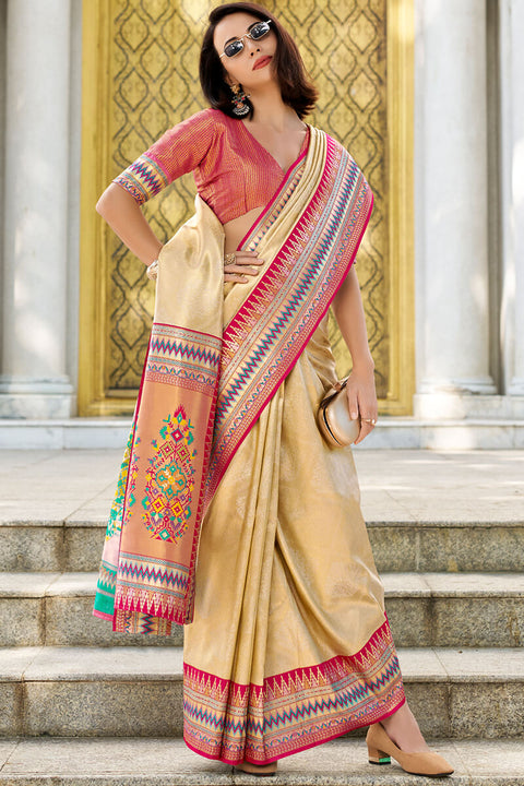 VastraLakshmi Diaphanous Beige Paithani Silk Saree With Divine Blouse Piece