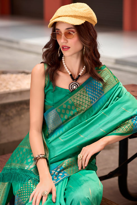 VastraLakshmi Capricious Sea Green Soft Banarasi Silk Saree With Charming Blouse Piece