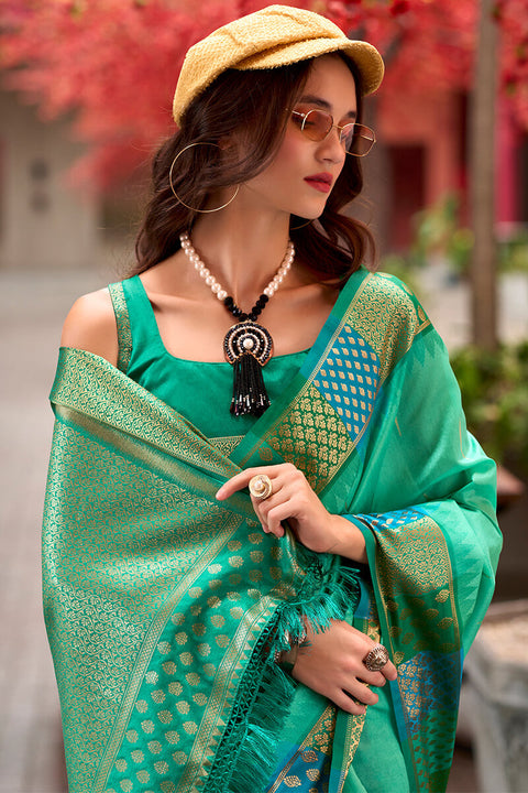 VastraLakshmi Capricious Sea Green Soft Banarasi Silk Saree With Charming Blouse Piece